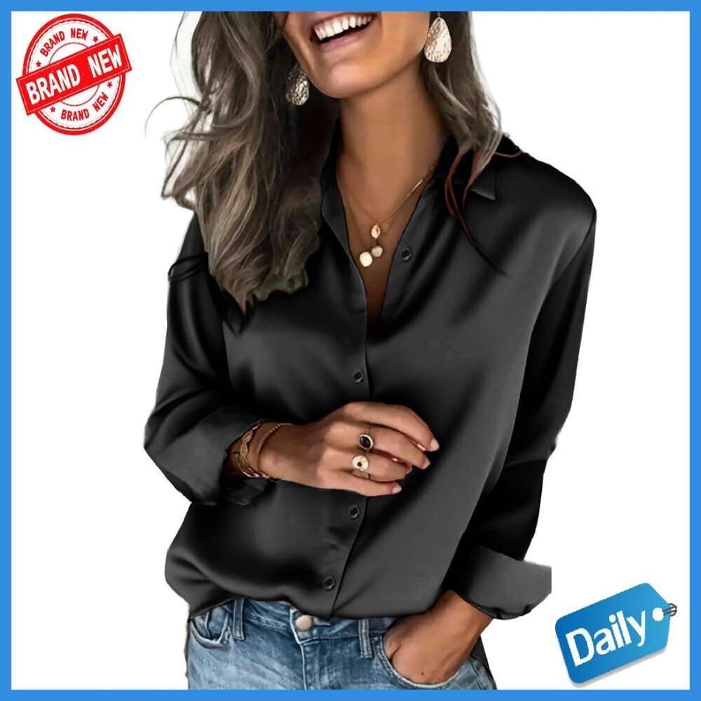 Satin Button Down Shirt Long Sleeve Business Casual Top Women's Blouse